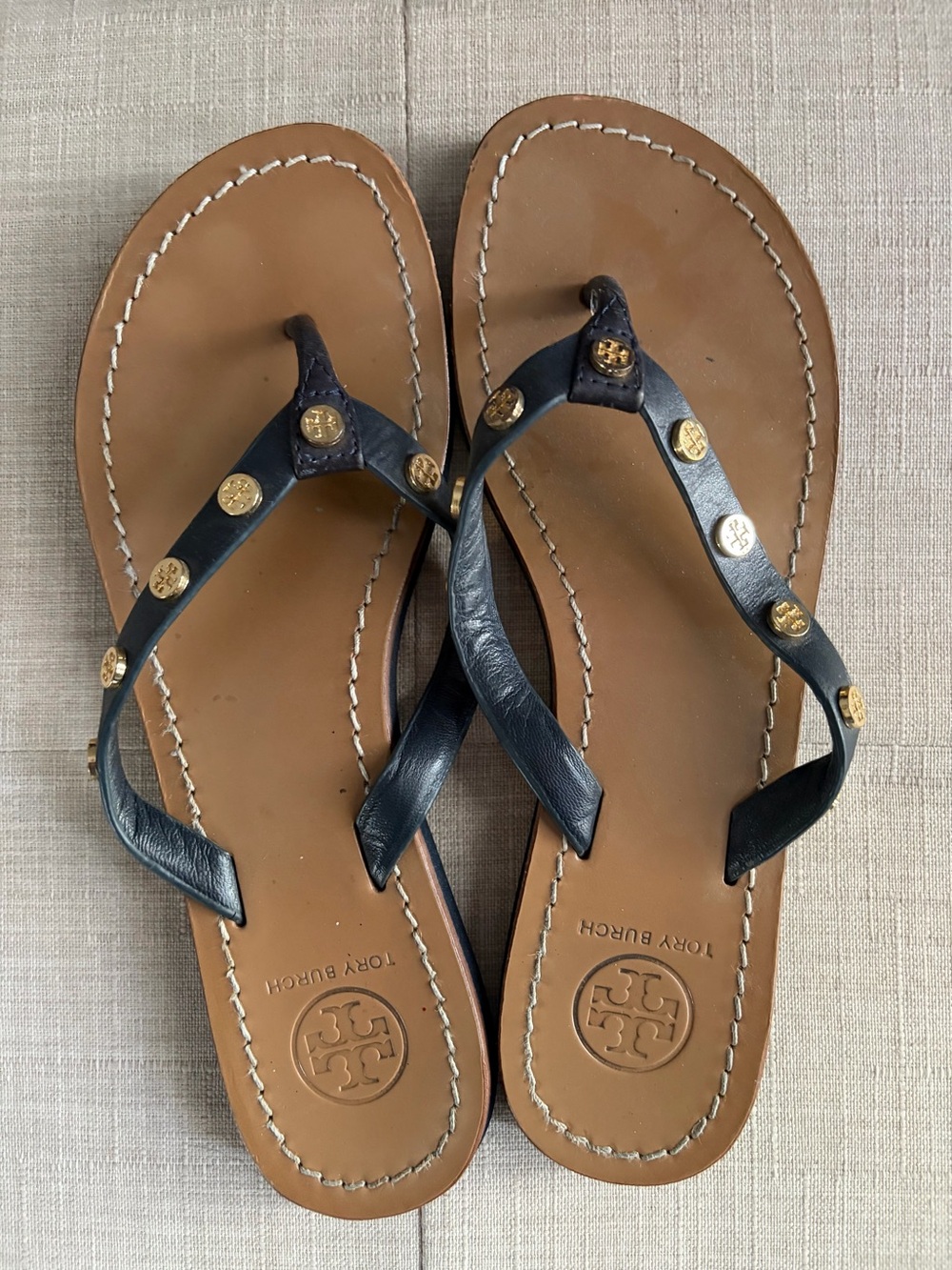 Tory Burch Navy Leather Gold-Stud Thora Sandals